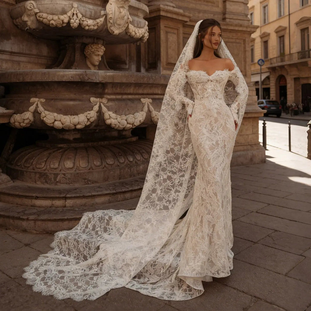 Bohemian Ivory Off-the-Shoulder Sheer Lace Mermaid Wedding Dress with Veil SW176