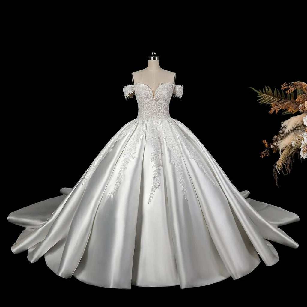 Luxury White Off-the-Shoulder Lace Satin Ball Gown Wedding Dress SW701