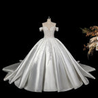 Luxury White Off-the-Shoulder Lace Satin Ball Gown Wedding Dress SW701