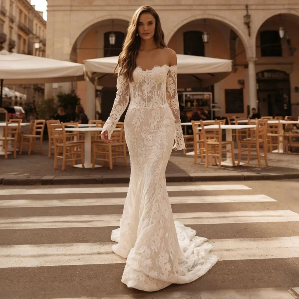Romantic Ivory Off-the-Shoulder Lace Mermaid Wedding Dress with Tulle Overlay SW172