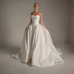 Luxury White Spaghetti Strap Beaded Satin Ball Gown Wedding Dress SW167