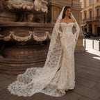 Bohemian Ivory Off-the-Shoulder Sheer Lace Mermaid Wedding Dress with Veil SW176