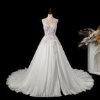 Glamorous White Floral Applique A-Line Tulle Wedding Dress with Train SW704