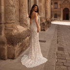 Sophisticated Ivory High Cold Shoulder Beaded Lace Fitted Wedding Dress SW175