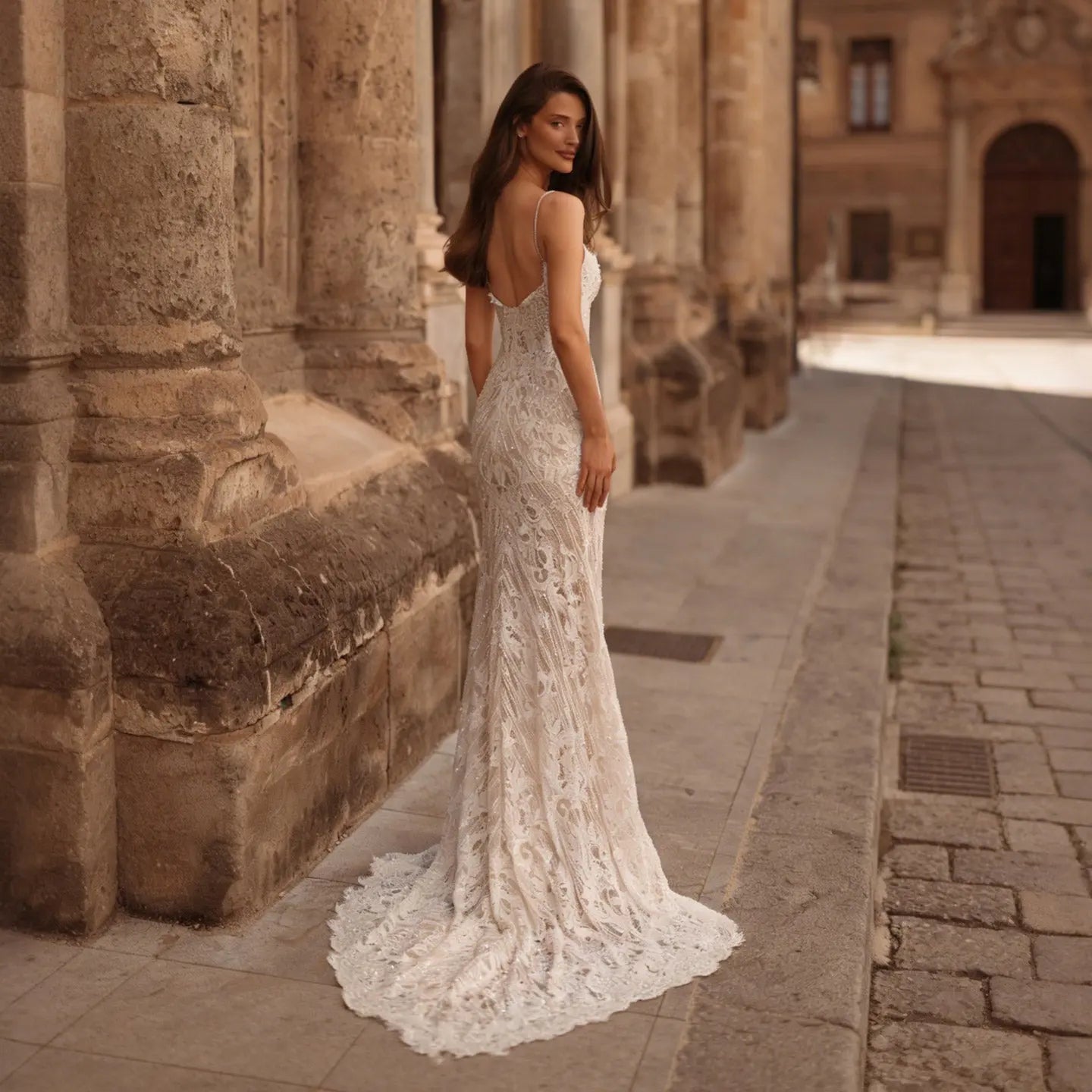 Sophisticated Ivory High Cold Shoulder Beaded Lace Fitted Wedding Dress SW175