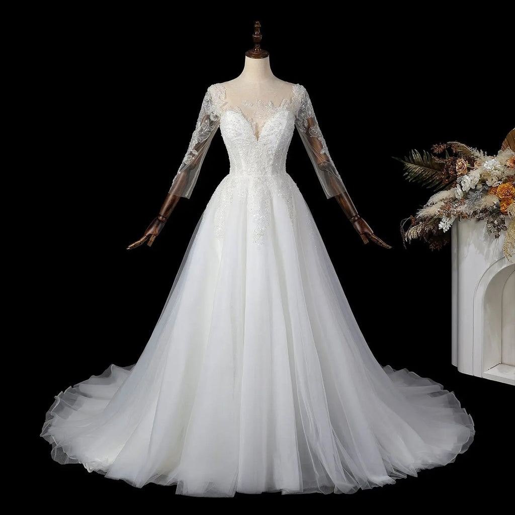 Glamorous White Illusion Neck Lace & Tulle Wedding Dress with Cathedral Train SW709