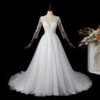 Glamorous White Illusion Neck Lace & Tulle Wedding Dress with Cathedral Train SW709