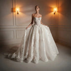 Luxury Ivory Strapless Floral Embroidery Ball Gown Wedding Dress with Veil SW169