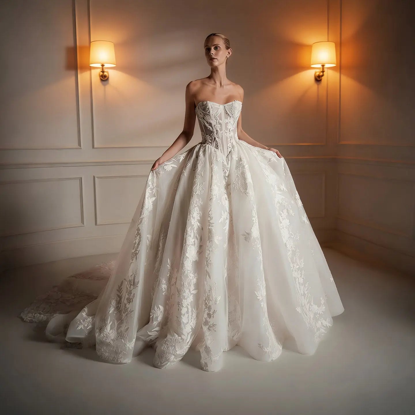 Luxury Ivory Strapless Floral Embroidery Ball Gown Wedding Dress with Veil SW169