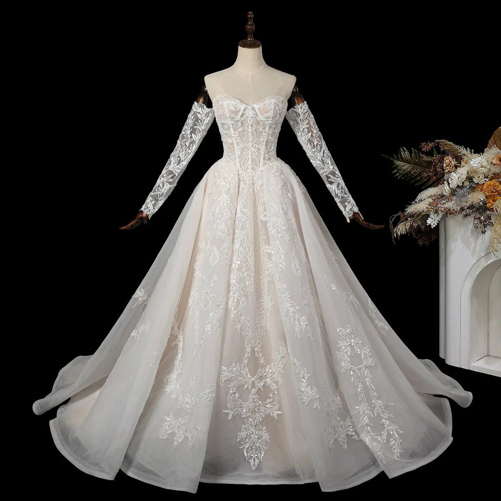 Elegant Ivory Strapless Corset Lace Tulle Bridal Gown Wedding Dress with Long Detachable Sleeves SW703