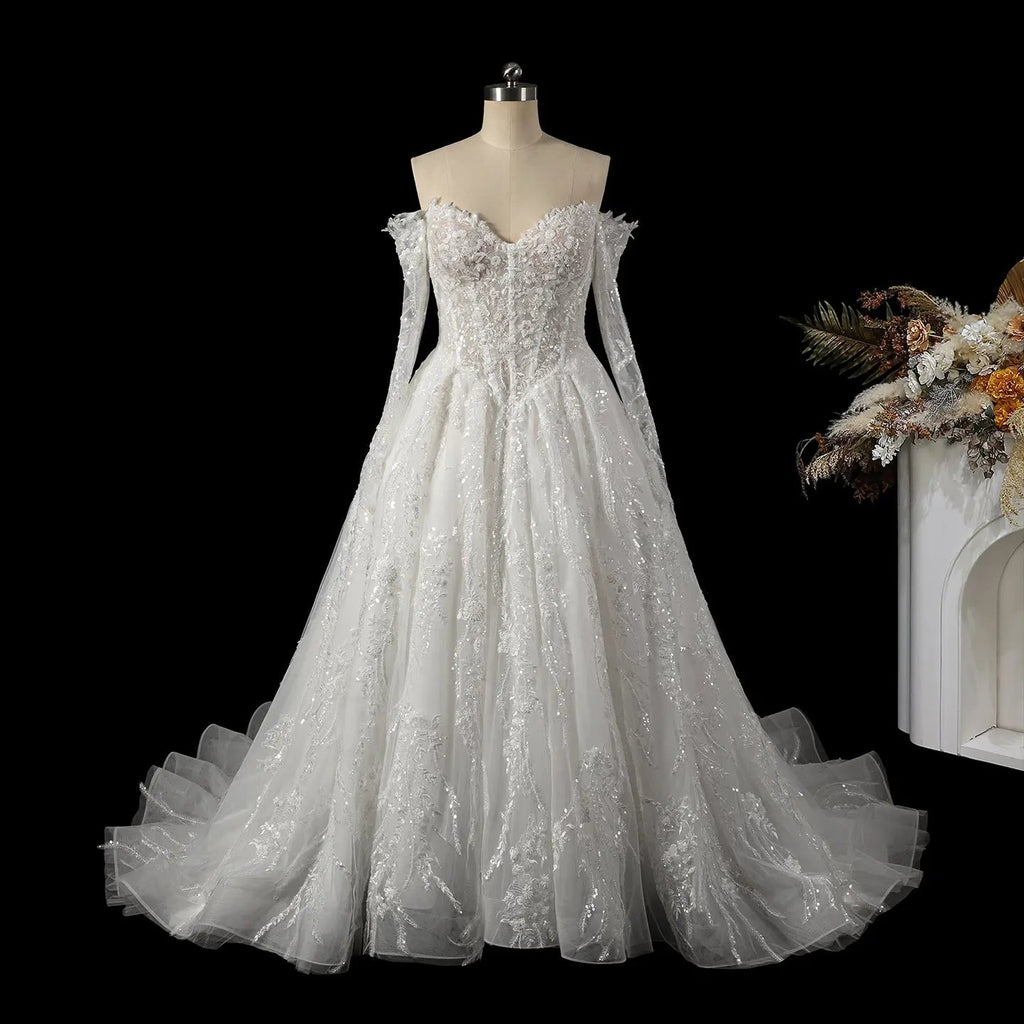 Luxury White Off-the-Shoulder Long Sleeve Lace Tulle Ball Gown Wedding Dress SW702
