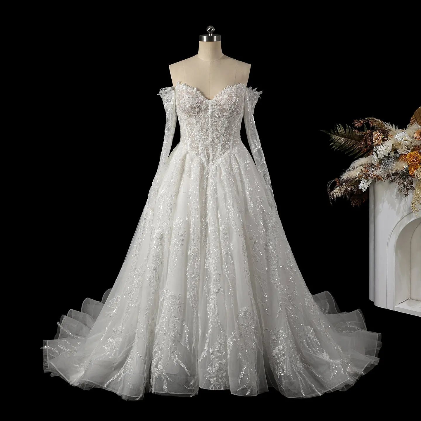 Luxury White Off-the-Shoulder Long Sleeve Lace Tulle Ball Gown Wedding Dress SW702