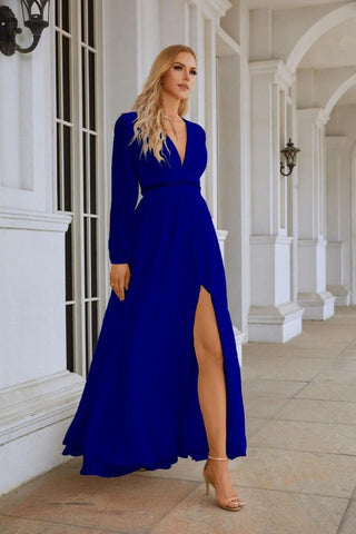 Ladies V Neck Chiffon Long Sleeve Front Slit Bridesmaid Evening Dress Wedding Party Shopping Evening Dress 28109