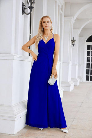 Ladies Chiffon Spaghetti Strap V Neck Front Slit Floor Length Bridesmaid Evening Dress Prom Party Wedding Evening Dress 28116