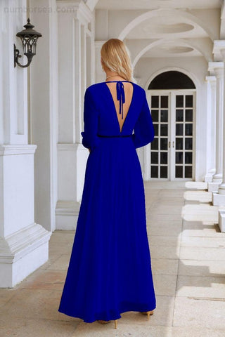 Ladies V Neck Chiffon Long Sleeve Front Slit Bridesmaid Evening Dress Wedding Party Shopping Evening Dress 28109