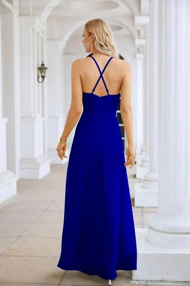 Ladies Chiffon Spaghetti Strap V Neck Front Slit Floor Length Bridesmaid Evening Dress Prom Party Wedding Evening Dress 28116 by numbersea