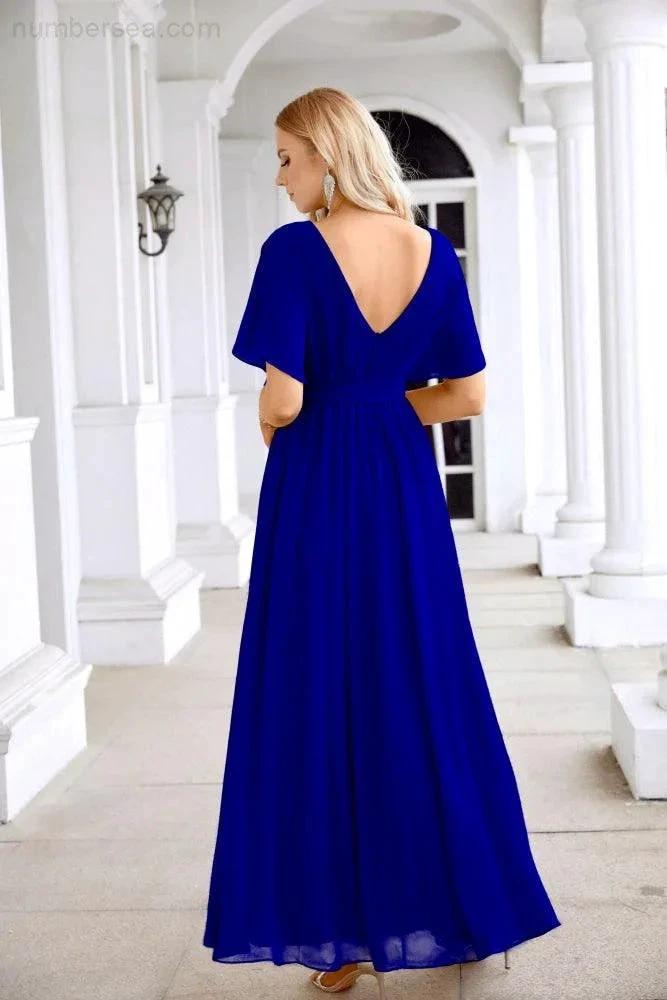 Ladies Chiffon Sleeve Crew Neck Front Slit Floor Length Bridesmaid Evening Dress Wedding Party Evening Dress 28124 by numbersea