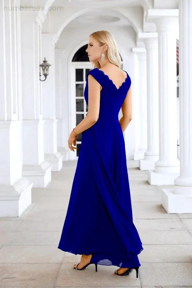 Ladies Chiffon V Neck Sleeveless Floor Length Bridesmaid Evening Dress Wedding Party Evening Dress 28126 by numbersea