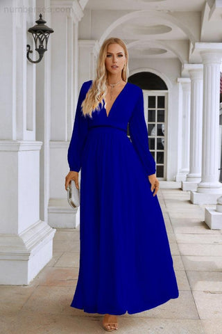 Ladies V Neck Chiffon Long Sleeve Front Slit Bridesmaid Evening Dress Wedding Party Shopping Evening Dress 28109