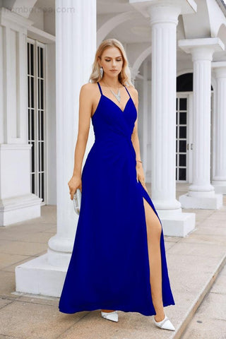 Ladies Chiffon Spaghetti Strap V Neck Front Slit Floor Length Bridesmaid Evening Dress Prom Party Wedding Evening Dress 28116