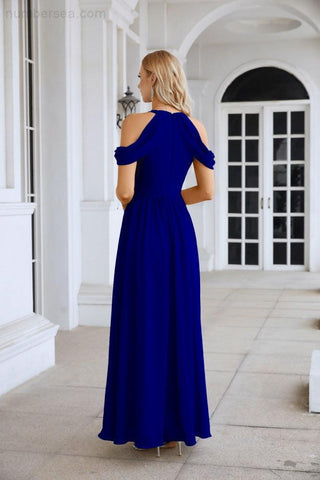 Ladies Chiffon Off Shoulder Swing Sleeve Front Slit Bridesmaid Evening Dress Wedding Party Evening Dress 28117