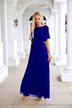 Ladies Chiffon Sleeve Crew Neck Front Slit Floor Length Bridesmaid Evening Dress Wedding Party Evening Dress 28124 by numbersea