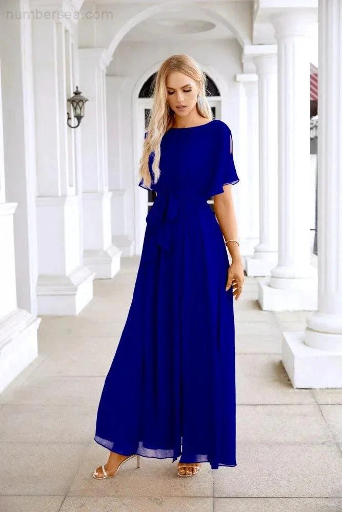 Ladies Chiffon Sleeve Crew Neck Front Slit Floor Length Bridesmaid Evening Dress Wedding Party Evening Dress 28124 by numbersea