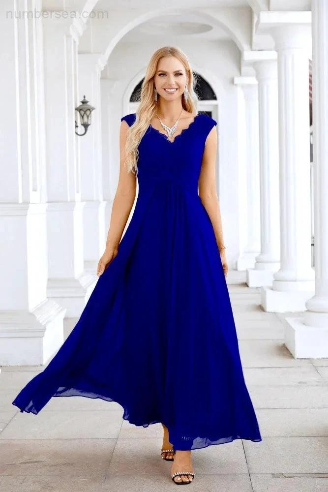 Ladies Chiffon V Neck Sleeveless Floor Length Bridesmaid Evening Dress Wedding Party Evening Dress 28126 by numbersea