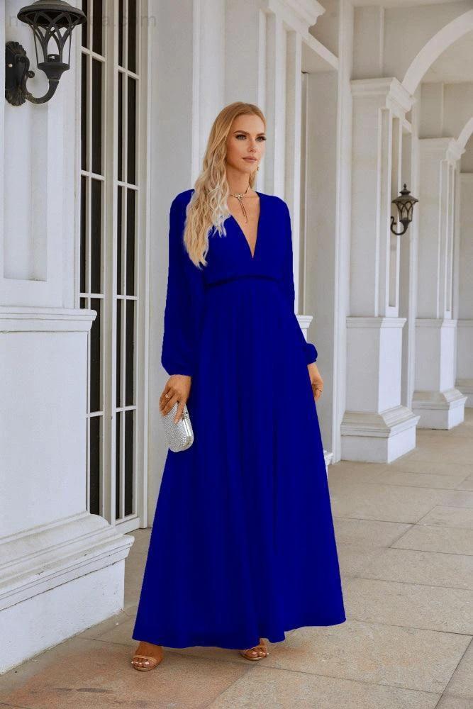 Ladies V Neck Chiffon Long Sleeve Front Slit Bridesmaid Evening Dress Wedding Party Shopping Evening Dress 28109 by numbersea