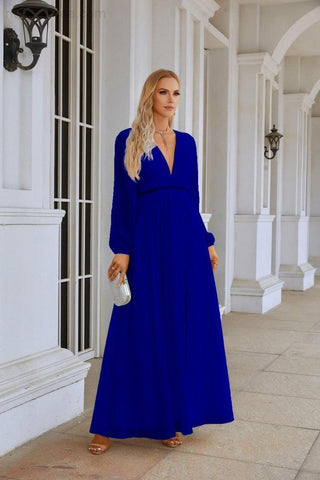 Ladies V Neck Chiffon Long Sleeve Front Slit Bridesmaid Evening Dress Wedding Party Shopping Evening Dress 28109