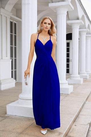 Ladies Chiffon Spaghetti Strap V Neck Front Slit Floor Length Bridesmaid Evening Dress Prom Party Wedding Evening Dress 28116