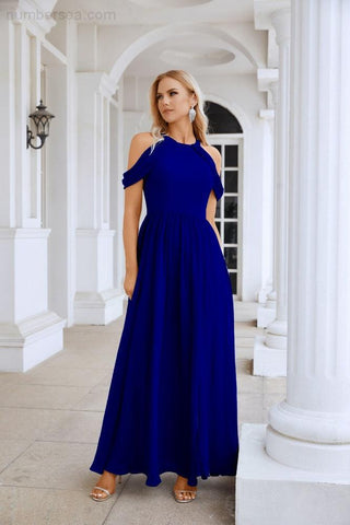 Ladies Chiffon Off Shoulder Swing Sleeve Front Slit Bridesmaid Evening Dress Wedding Party Evening Dress 28117