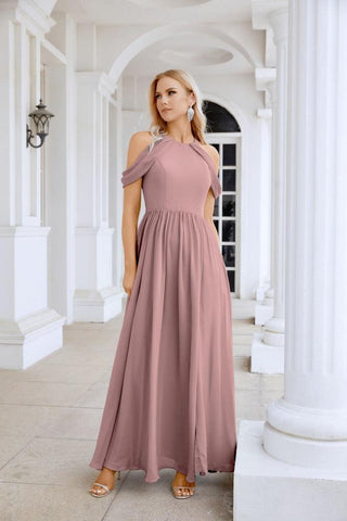 Ladies Chiffon Off Shoulder Swing Sleeve Front Slit Bridesmaid Evening Dress Wedding Party Evening Dress 28117