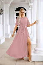 Ladies Chiffon Sleeve Crew Neck Front Slit Floor Length Bridesmaid Evening Dress Wedding Party Evening Dress 28124 by numbersea