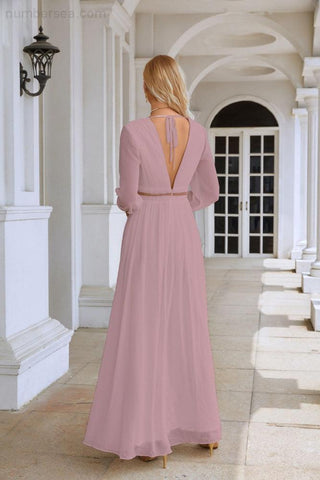 Ladies V Neck Chiffon Long Sleeve Front Slit Bridesmaid Evening Dress Wedding Party Shopping Evening Dress 28109