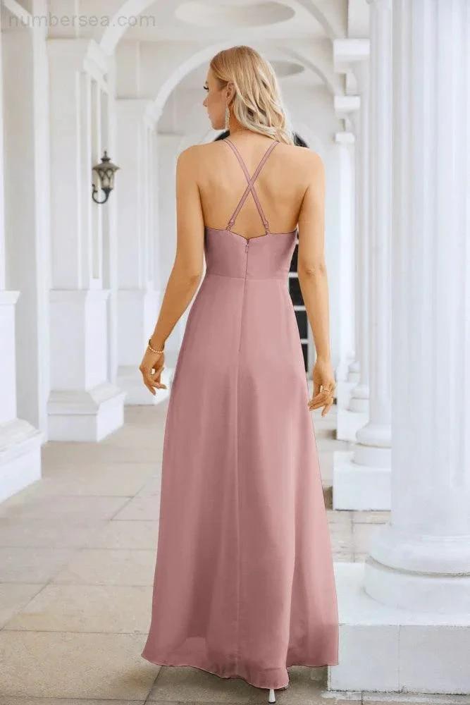 Ladies Chiffon Spaghetti Strap V Neck Front Slit Floor Length Bridesmaid Evening Dress Prom Party Wedding Evening Dress 28116 by numbersea