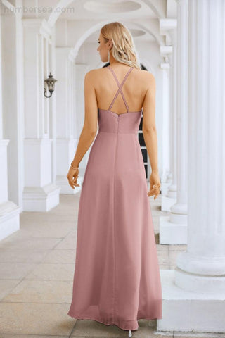 Ladies Chiffon Spaghetti Strap V Neck Front Slit Floor Length Bridesmaid Evening Dress Prom Party Wedding Evening Dress 28116