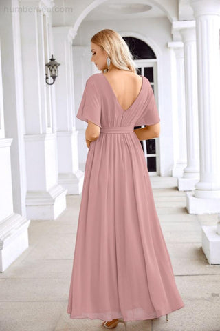 Ladies Chiffon Sleeve Crew Neck Front Slit Floor Length Bridesmaid Evening Dress Wedding Party Evening Dress 28124