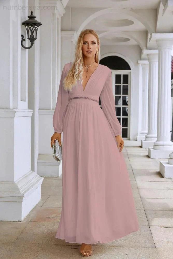 Ladies V Neck Chiffon Long Sleeve Front Slit Bridesmaid Evening Dress Wedding Party Shopping Evening Dress 28109 by numbersea