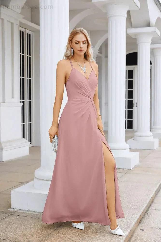 Ladies Chiffon Spaghetti Strap V Neck Front Slit Floor Length Bridesmaid Evening Dress Prom Party Wedding Evening Dress 28116 by numbersea