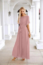 Ladies Chiffon Sleeve Crew Neck Front Slit Floor Length Bridesmaid Evening Dress Wedding Party Evening Dress 28124 by numbersea