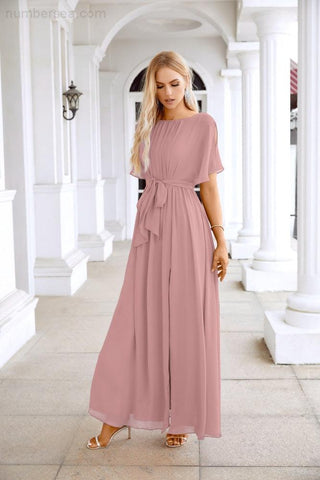 Ladies Chiffon Sleeve Crew Neck Front Slit Floor Length Bridesmaid Evening Dress Wedding Party Evening Dress 28124