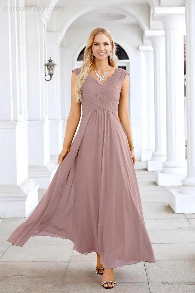 Ladies Chiffon V Neck Sleeveless Floor Length Bridesmaid Evening Dress Wedding Party Evening Dress 28126 by numbersea