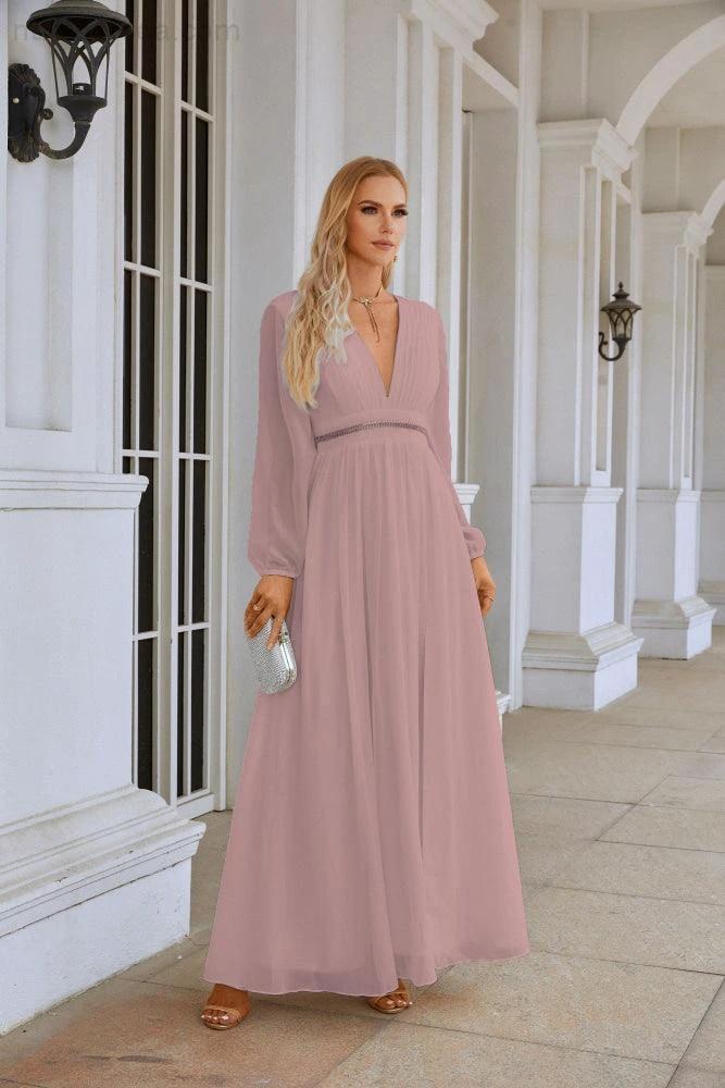 Ladies V Neck Chiffon Long Sleeve Front Slit Bridesmaid Evening Dress Wedding Party Shopping Evening Dress 28109 by numbersea