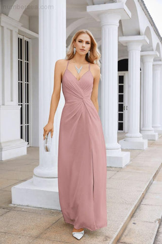 Ladies Chiffon Spaghetti Strap V Neck Front Slit Floor Length Bridesmaid Evening Dress Prom Party Wedding Evening Dress 28116