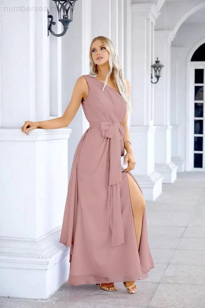 Ladies Chiffon One Shoulder Bridesmaid Evening Dress Wedding Party Evening Dress 28133 by numbersea