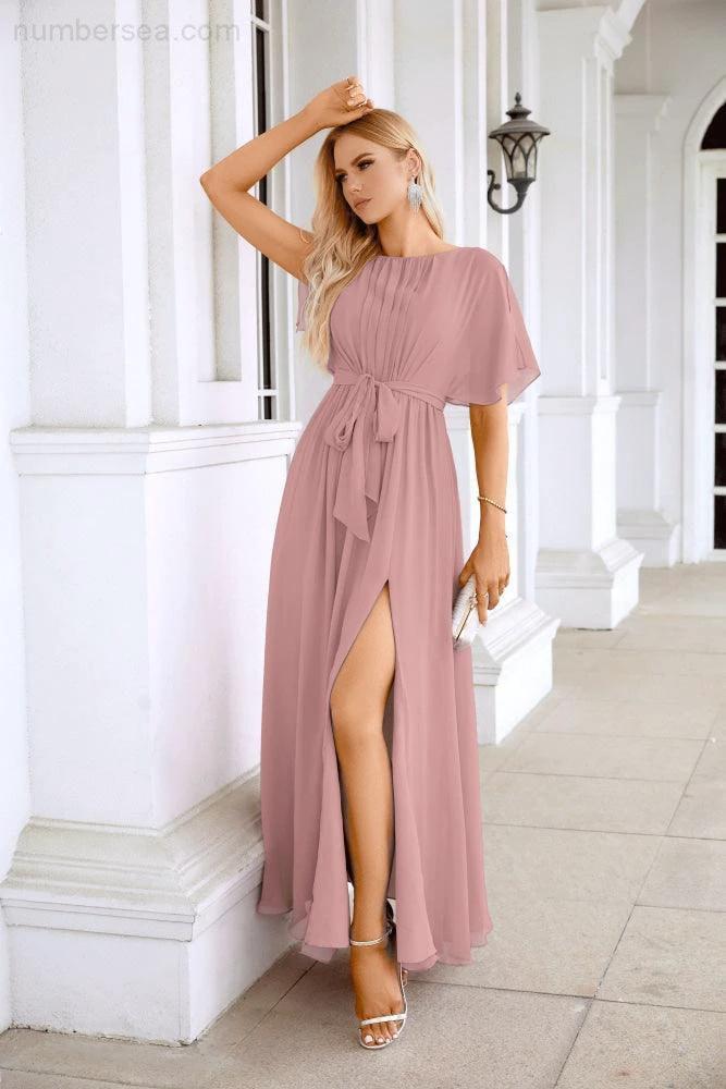 Ladies Chiffon Sleeve Crew Neck Front Slit Floor Length Bridesmaid Evening Dress Wedding Party Evening Dress 28124 by numbersea