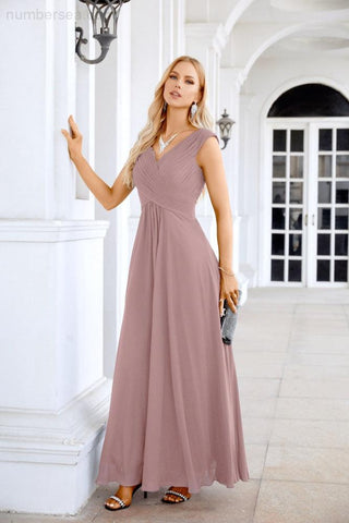 Ladies Chiffon V Neck Sleeveless Floor Length Bridesmaid Evening Dress Wedding Party Evening Dress 28126