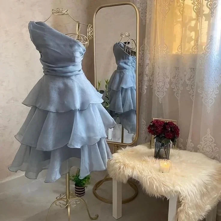 Elegant One Shoulder Homecoming Dress Blue A Line Mini Party Dress Y7665 by simplepromdress