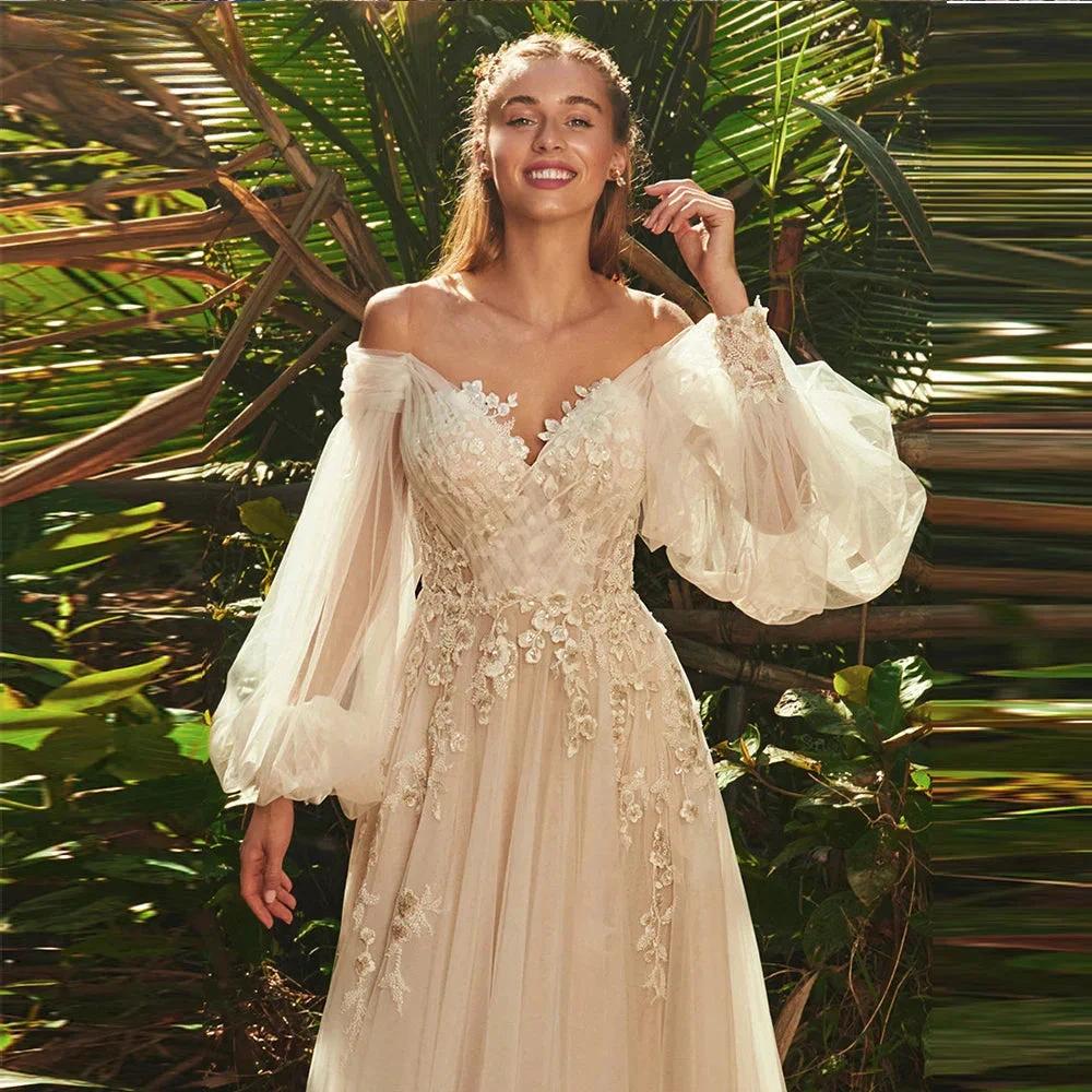 Elegant Sweetheart Neck Puff Long Sleeves Wedding Dress For Women 2023 Backless Tulle Bridal Gown Classic Robe De Mariée by payinti